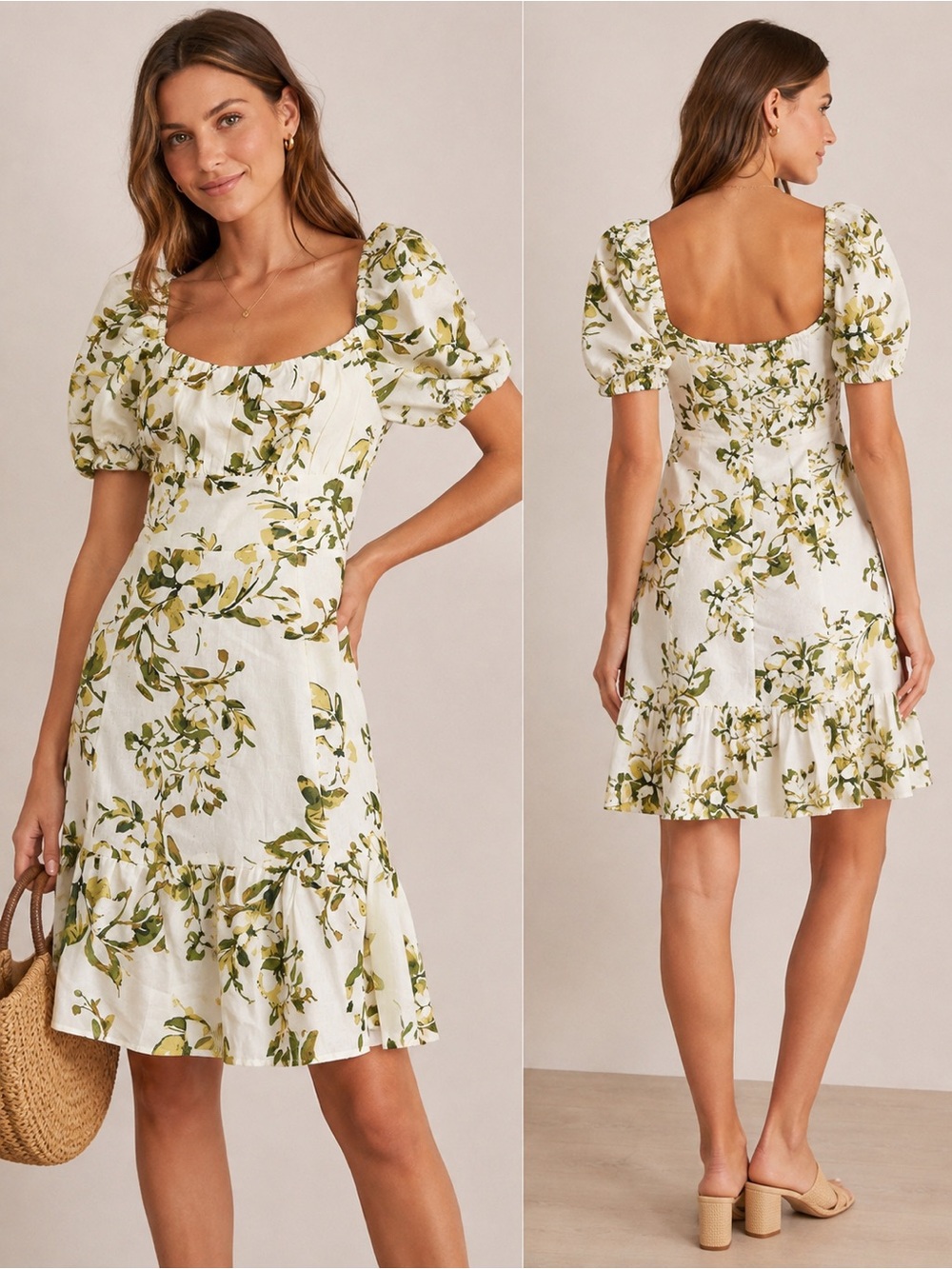 London Times Floral Linen Blend Puff Sleeve Mini Dress Size 6